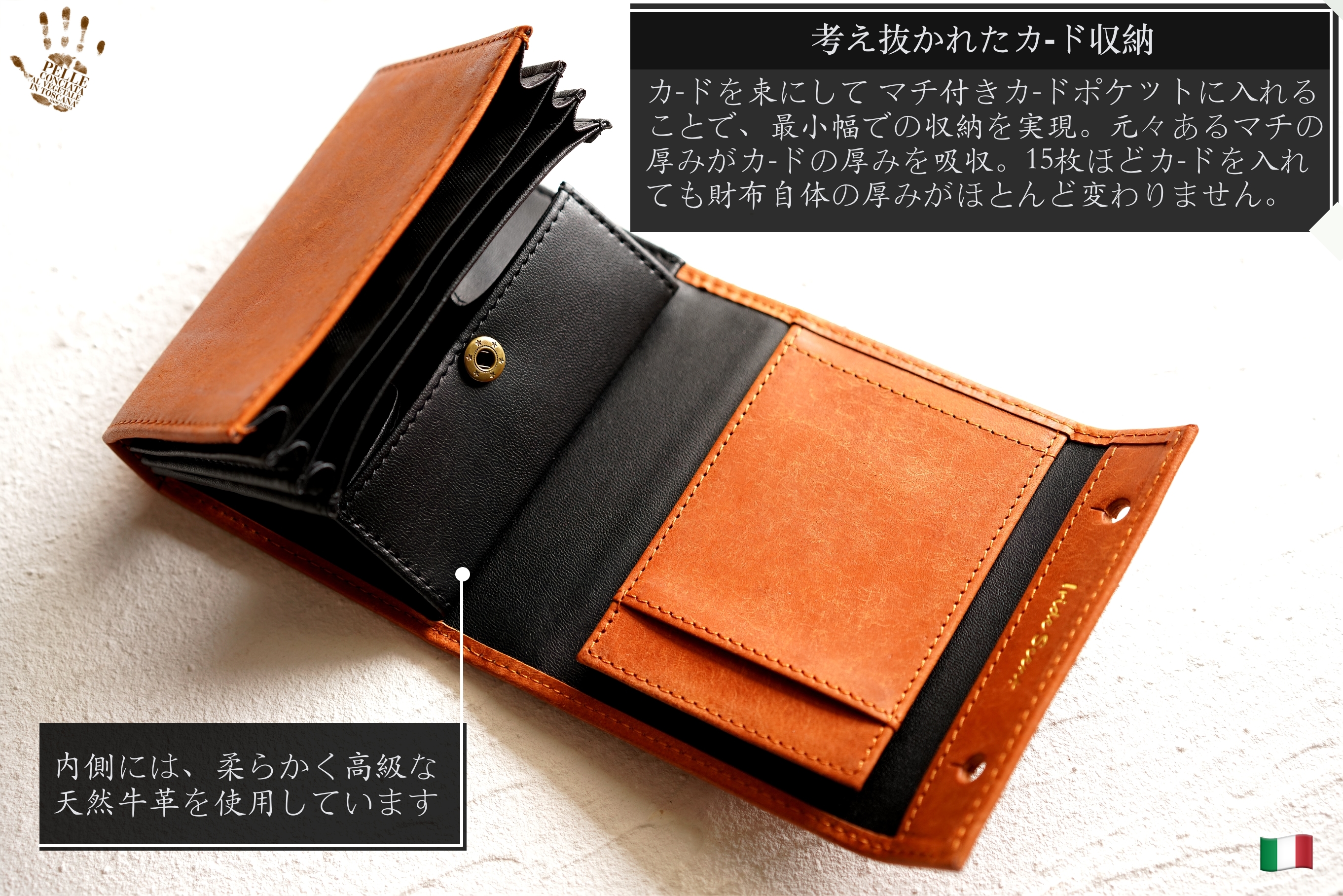 （これは模倣品）m+ 財布 エムピウの二つ折り財布 millefoglie P25 ミッレフォッリエ2 箱型の小銭入れ pueblo