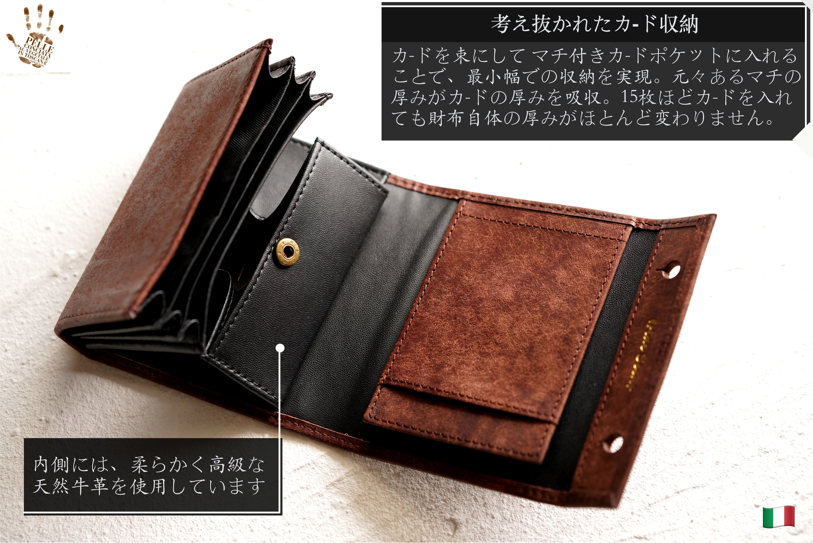 （これは模倣品）m+ 財布 エムピウの二つ折り財布 millefoglie P25 ミッレフォッリエ2 箱型の小銭入れ pueblo