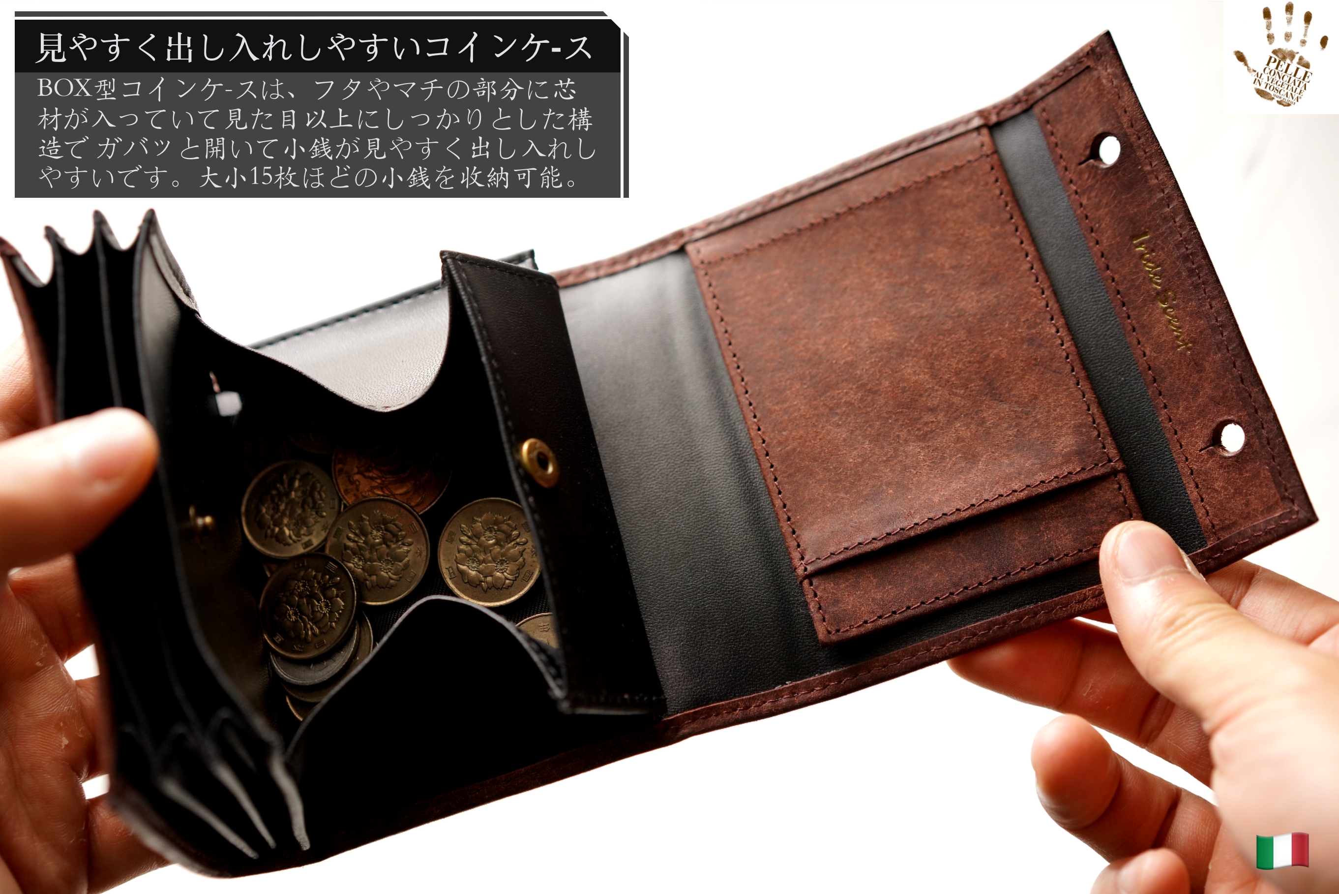 （これは模倣品）m+ 財布 エムピウの二つ折り財布 millefoglie P25 ミッレフォッリエ2 箱型の小銭入れ pueblo