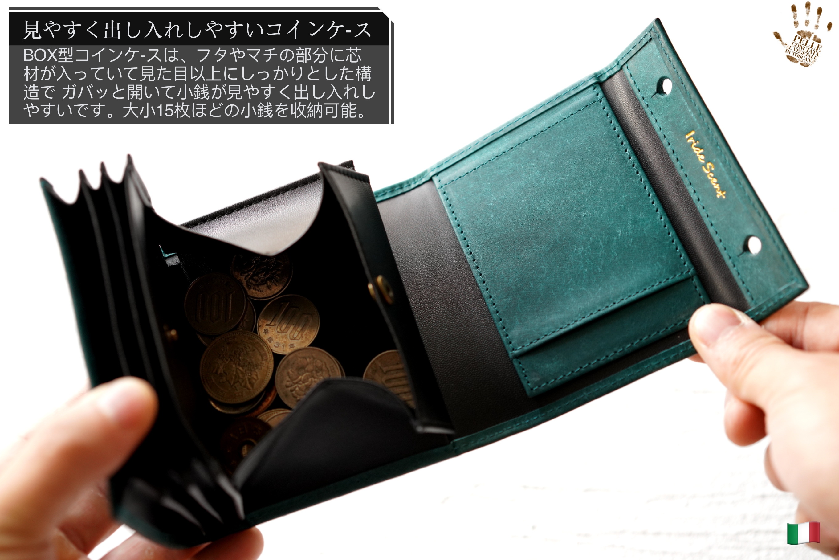 （これは模倣品）m+ 財布 エムピウの二つ折り財布 millefoglie P25 ミッレフォッリエ2 箱型の小銭入れ pueblo