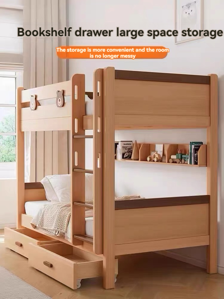All solid wood bunk bed with high and low double layered mother and child beds, 1.5 meters in size, modern and simple parallel children's storage bed-Smart-Living