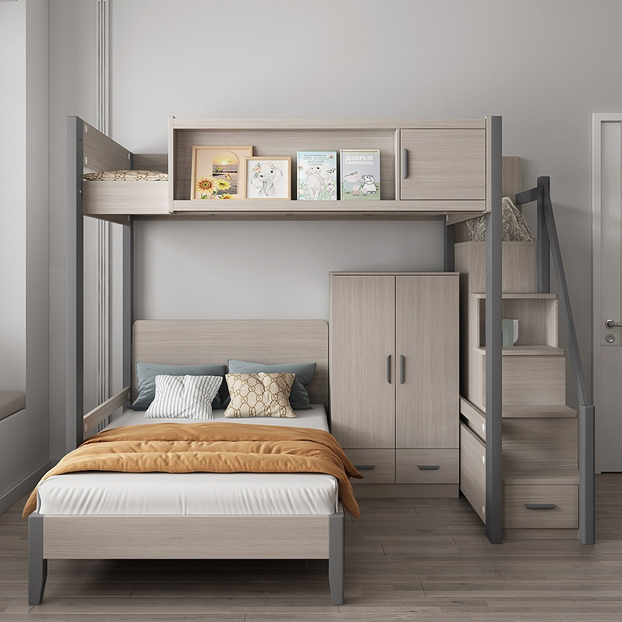 [Pre-order] Staggered Bunk Bed with Desk, Kids Twin Bunk Bed, 2-Tier Combination Mother & Child Bed for Bedroom