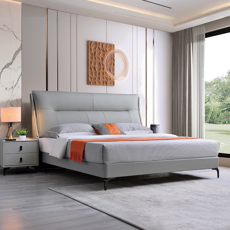 PRE ORDER / BTO PACKAGE - A - BED FRAME - Genuine leather master bedroom bed top layer cowhide 2025 new Italian minimalist double bed