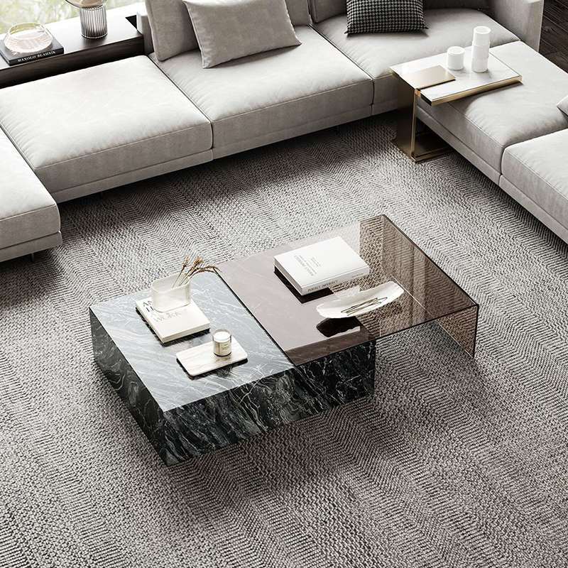 ( PRE - ORDER ) MEERKAT SHOWROOM Italian Light Luxury Marble Square Coffee Table – Extendable Tempered Glass Tea Table, Modern Minimalist Living Room Set