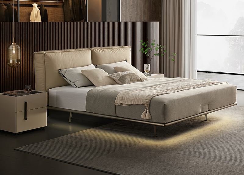( PRE - ORDER ) MEERKAT SHOWROOM Light Luxury Floating Leather Bed – Modern Minimalist Double Bed with Carbon Steel Frame and Top-Grain Leather for Master Bedroom