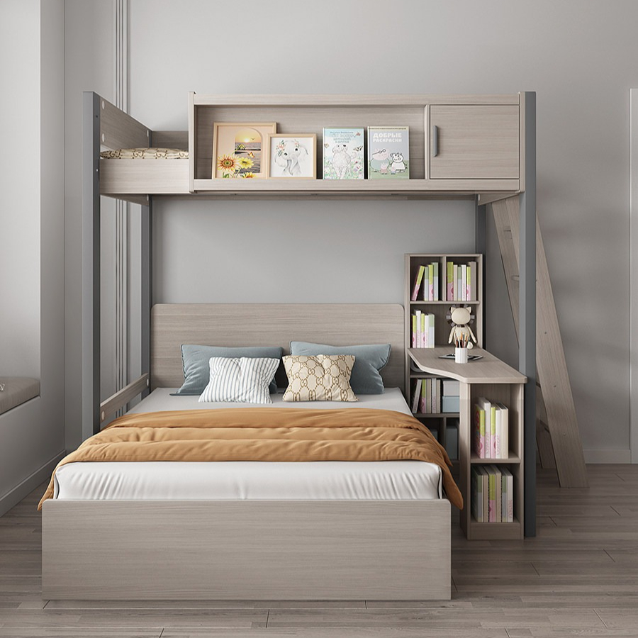 [Pre-order] Staggered Bunk Bed with Desk, Kids Twin Bunk Bed, 2-Tier Combination Mother & Child Bed for Bedroom