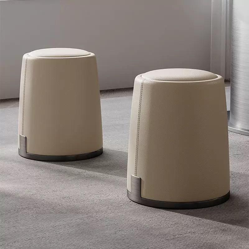 ( PRE - ORDER ) MEERKAT SHOWROOM Modern Minimalist Light Luxury Round Ottoman – Compact Faux Leather Stool for Living Room, Vanity, or Entryway Use