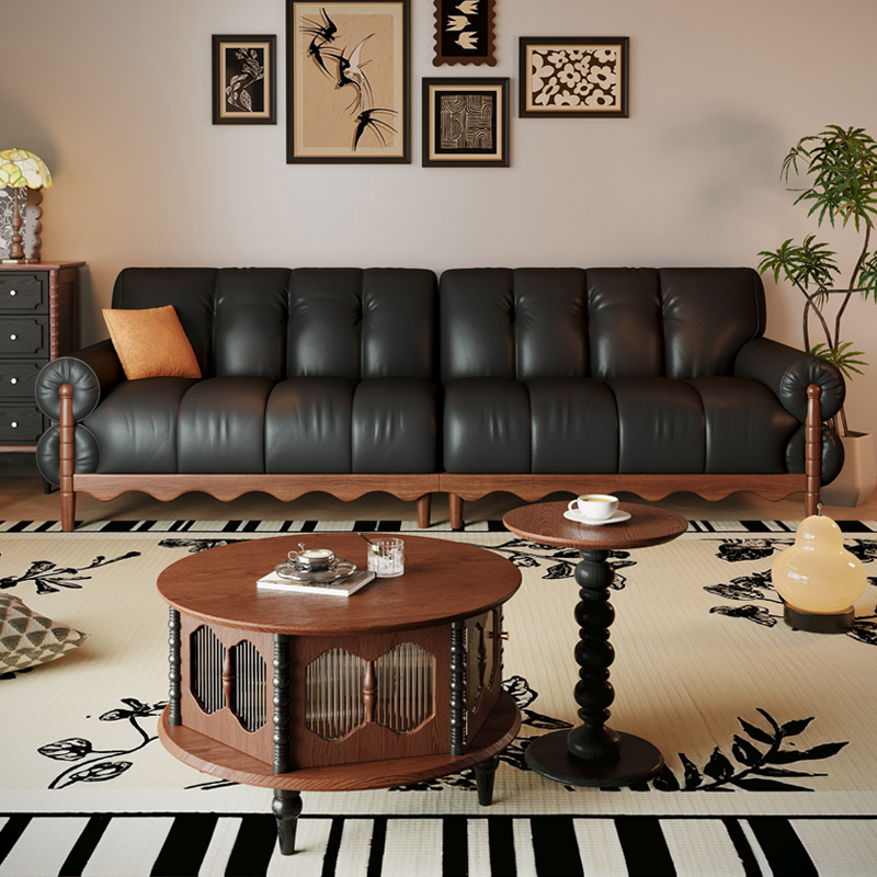[PRE-ORDER] Solid wood black high-end American retro leather sofa 