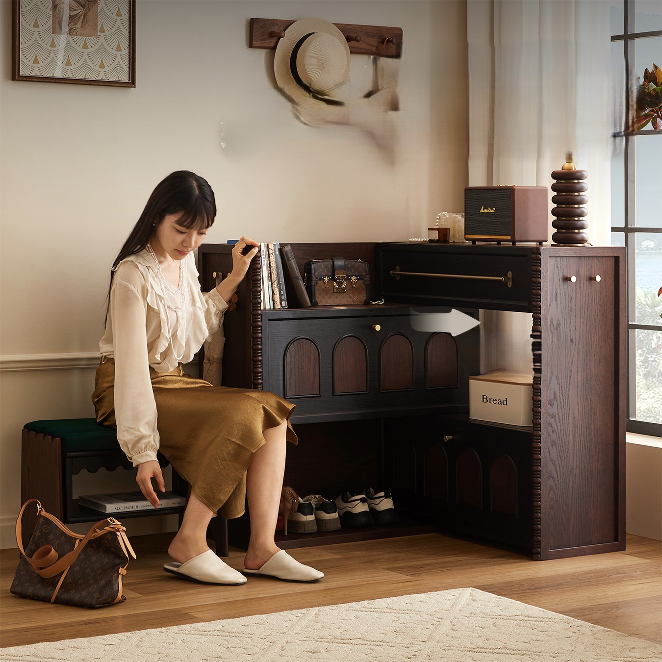 [PRE-ORDER] Senmei Furniture's French Retro Solid Wood Entryway Shoe Cabinet