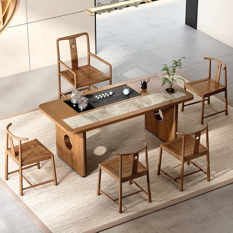 WG [Stock Sample] New Chinese Solid Wood Tea Table Set with Tea Set Simple Tea Bench for Office Small Home