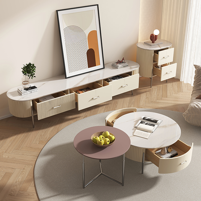 PRE-ORDER Rock plate coffee table small apartment cream style living room home size circle combination