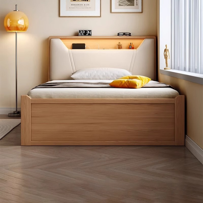 [Pre-order] Minimalist Solid Wood Single Bed with Storage and Light, 1.2m Modern Nordic Bed