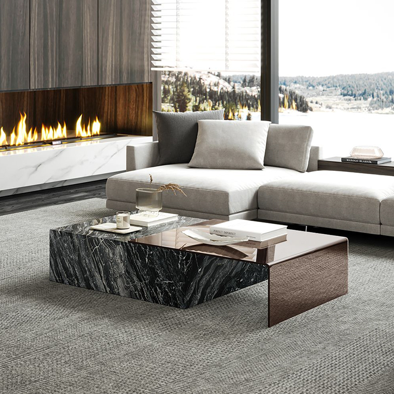 ( PRE - ORDER ) MEERKAT SHOWROOM Italian Light Luxury Marble Square Coffee Table – Extendable Tempered Glass Tea Table, Modern Minimalist Living Room Set