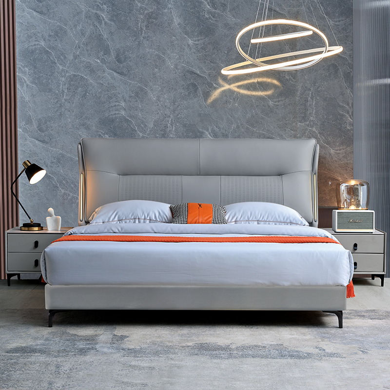 PRE ORDER / BTO PACKAGE - A - BED FRAME - Genuine leather master bedroom bed top layer cowhide 2025 new Italian minimalist double bed