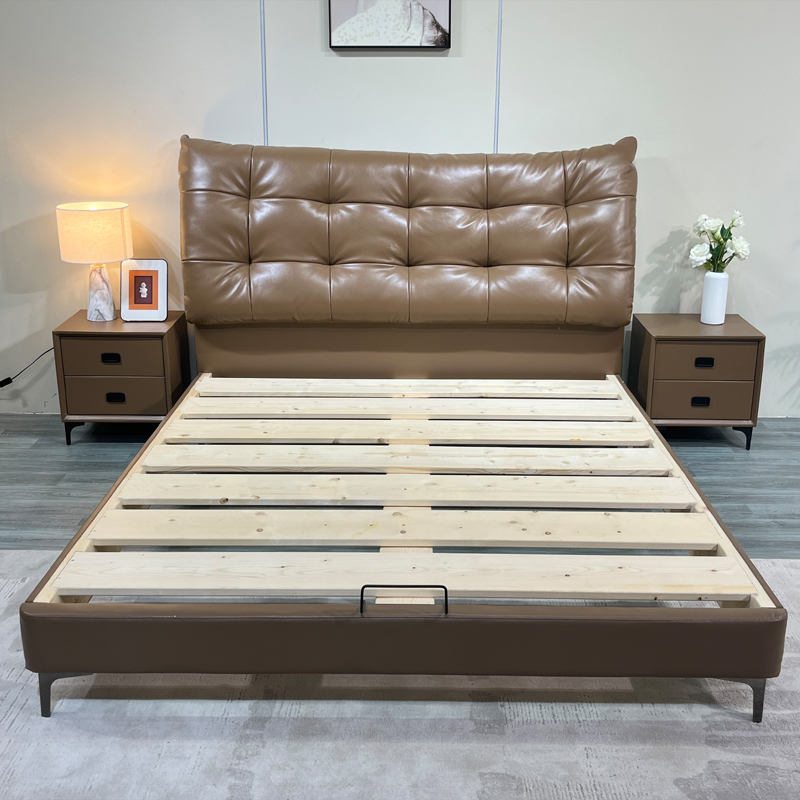 PRE ORDER / BTO PACKAGE - A - BED FRAME - Big black bear leather bed cream style solid wood high-end master bedroom bed antique style
