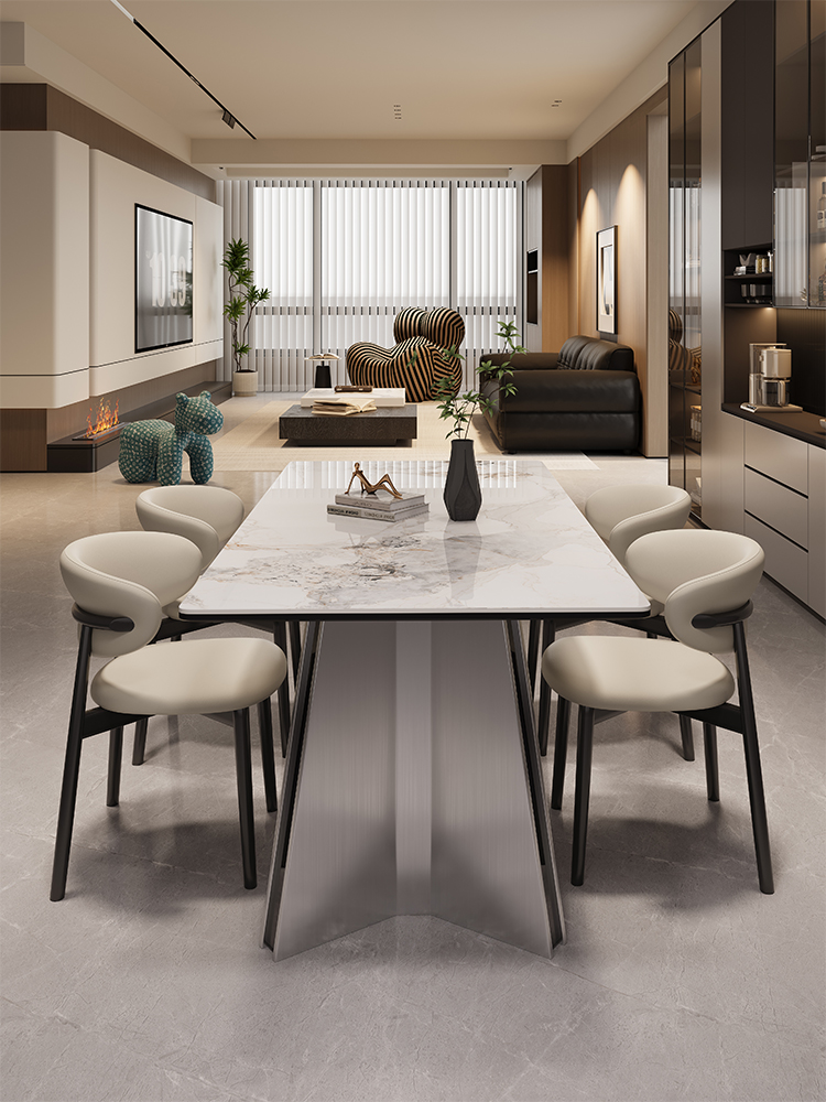 PRE-ORDER/BTO PACKAGE - A - DINING TABLE - Small Italian minimalist white rock plate rectangular dining table and chair combination