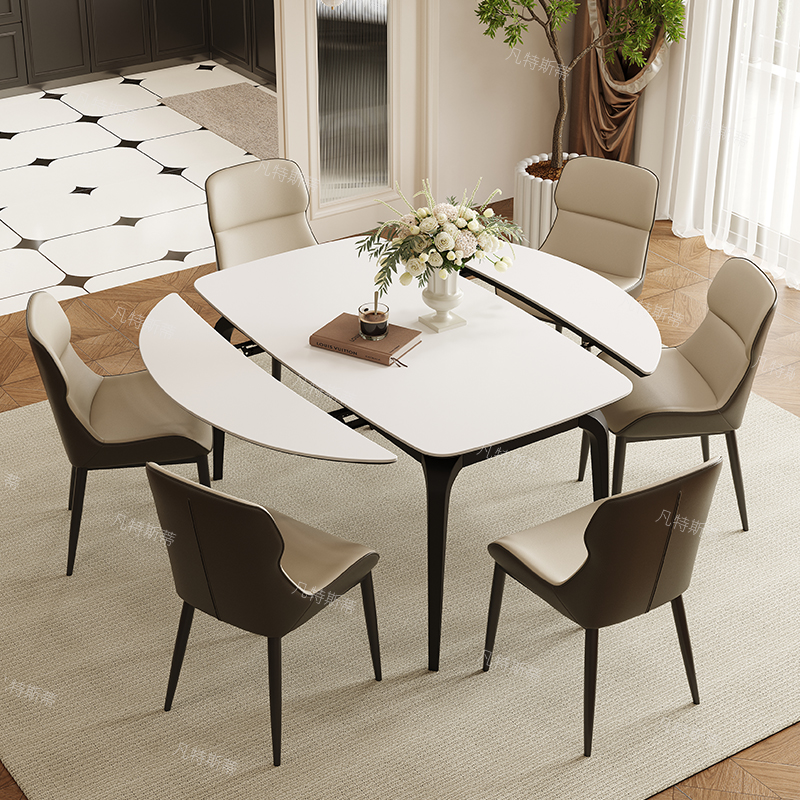 PRE-ORDER/BTO PACKAGE - A - DINING TABLE - Retractable rock plate dining table can be changed into a round shape, modern and simple.