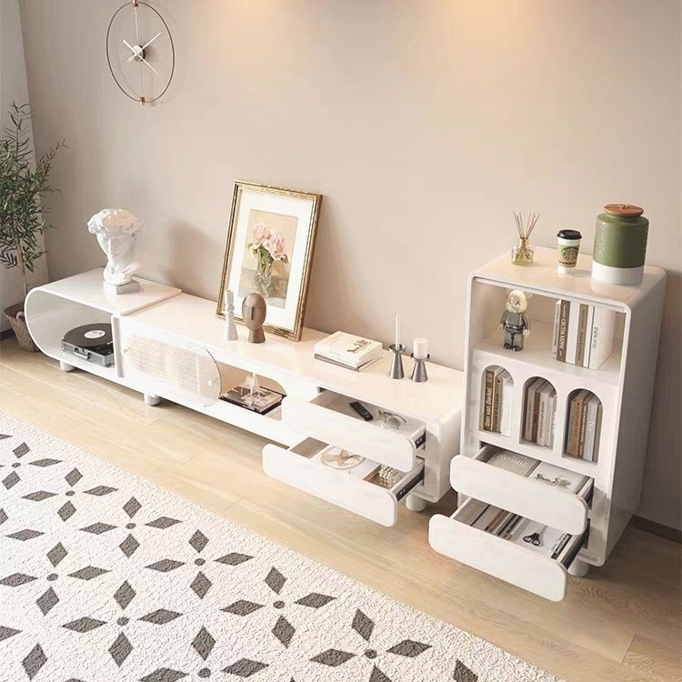 PRE-ORDER Telescopic TV cabinet side cabinet combination rotating coffee table cream style