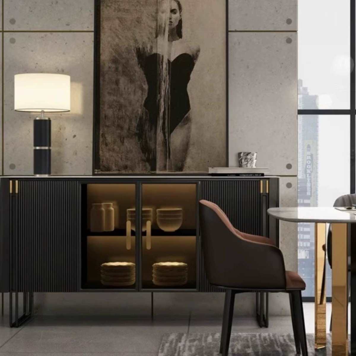 PRE-ORDER Italian light luxury rock plate dining side cabinet light belt high-end entrance cabinet