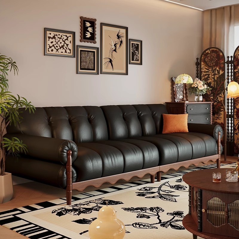 [PRE-ORDER] Solid wood black high-end American retro leather sofa 