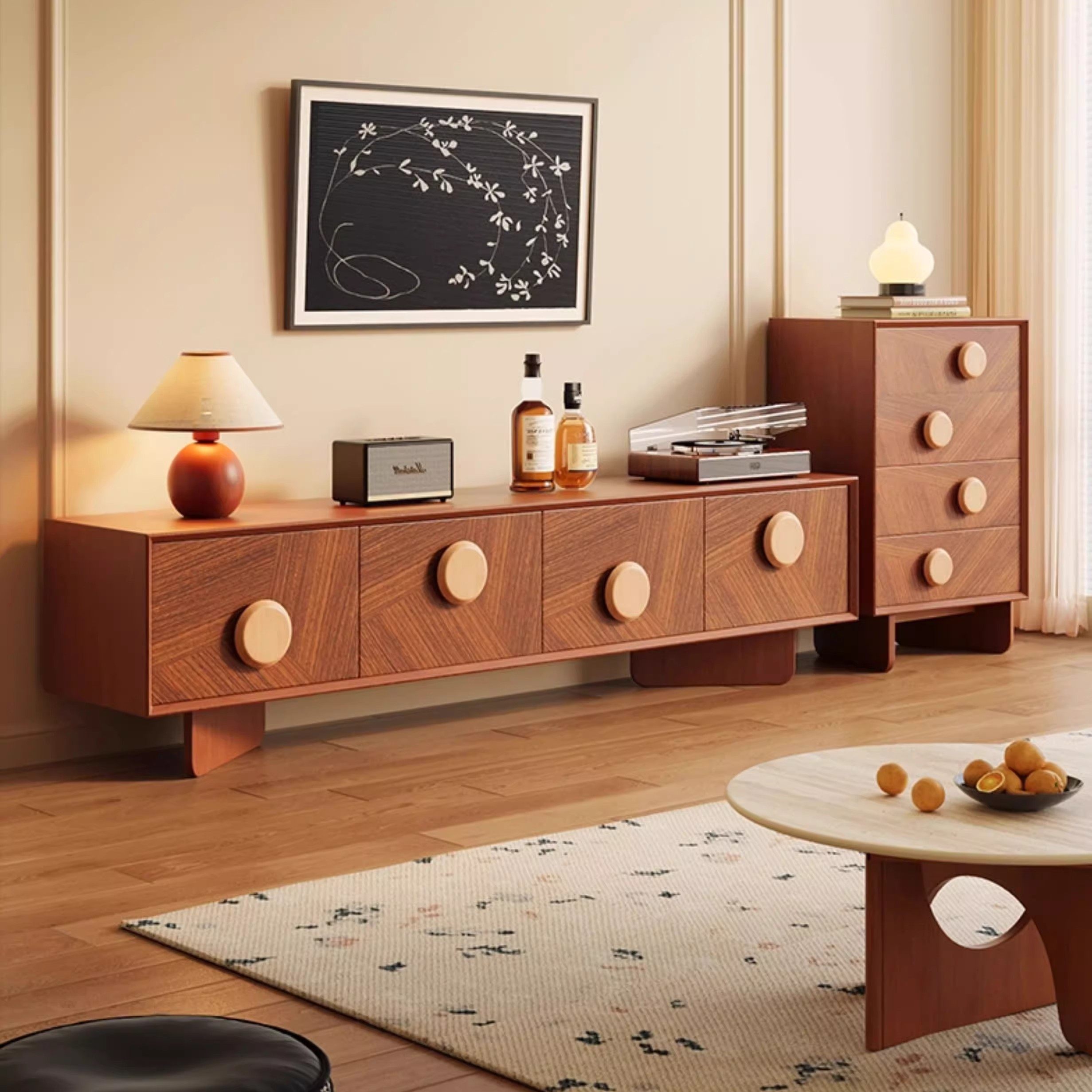 [PRE-ORDER] Customizable Solid Oak French retro solid wood Sunrise TV cabinet, coffee table, and storage unit.