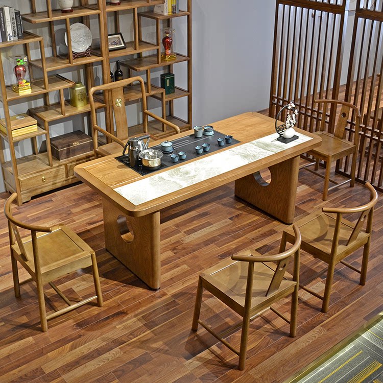 WG [Stock Sample] New Chinese Solid Wood Tea Table Set with Tea Set Simple Tea Bench for Office Small Home