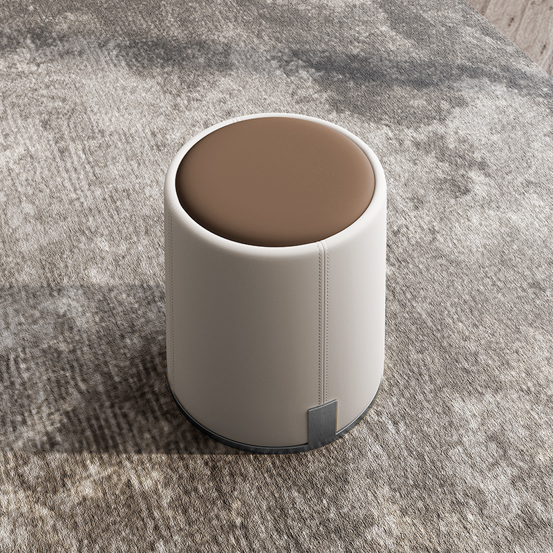 ( PRE - ORDER ) MEERKAT SHOWROOM Modern Minimalist Light Luxury Round Ottoman – Compact Faux Leather Stool for Living Room, Vanity, or Entryway Use