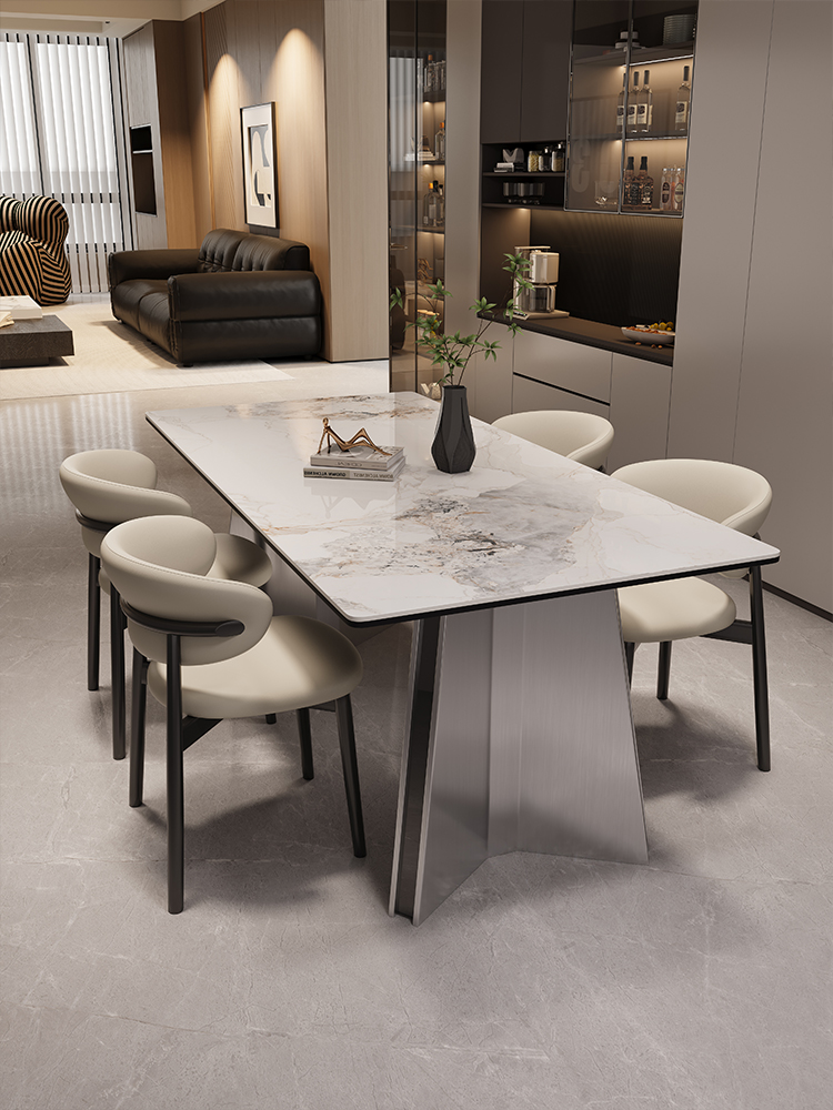 PRE-ORDER/BTO PACKAGE - A - DINING TABLE - Small Italian minimalist white rock plate rectangular dining table and chair combination