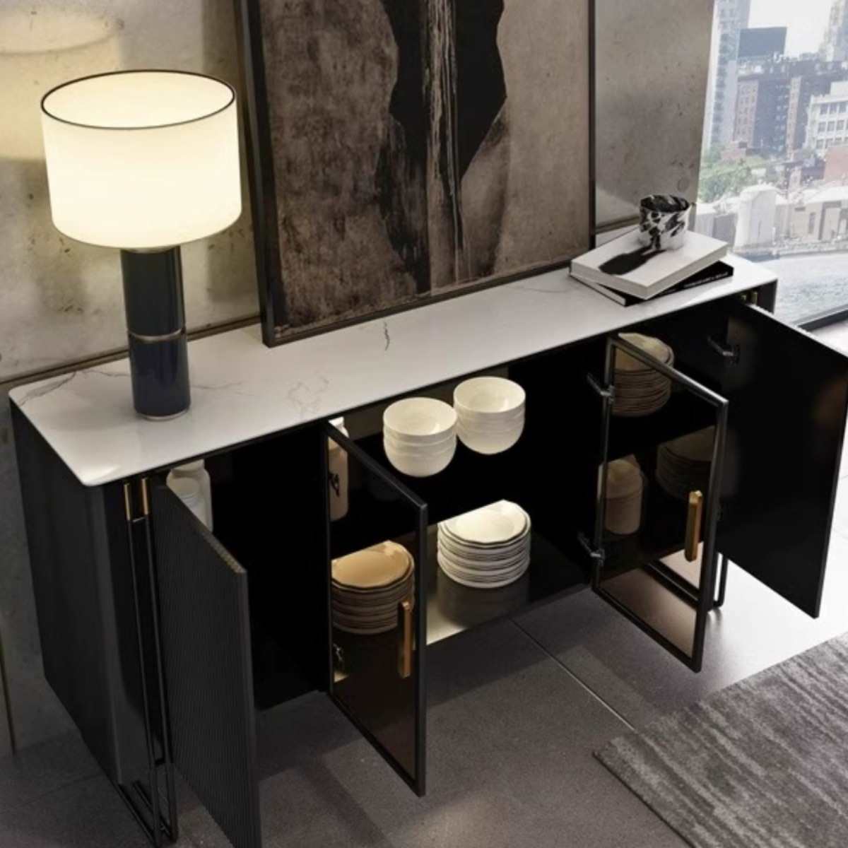 PRE-ORDER Italian light luxury rock plate dining side cabinet light belt high-end entrance cabinet