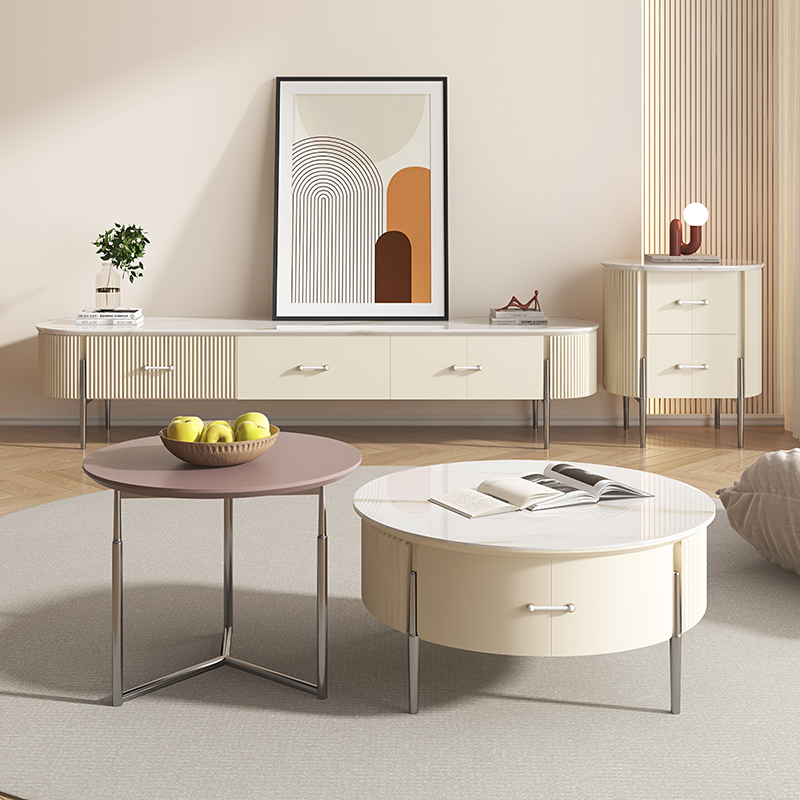 PRE-ORDER Rock plate coffee table small apartment cream style living room home size circle combination