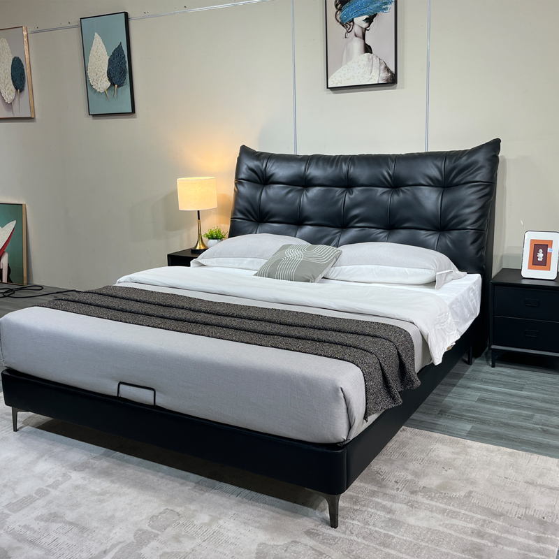 PRE ORDER / BTO PACKAGE - A - BED FRAME - Big black bear leather bed cream style solid wood high-end master bedroom bed antique style
