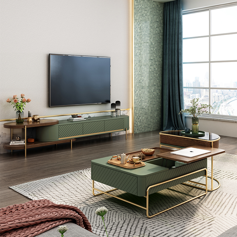 PRE-ORDER Light luxury hardware lifting coffee table TV cabinet combination home small apartment living room ancient style rock plate