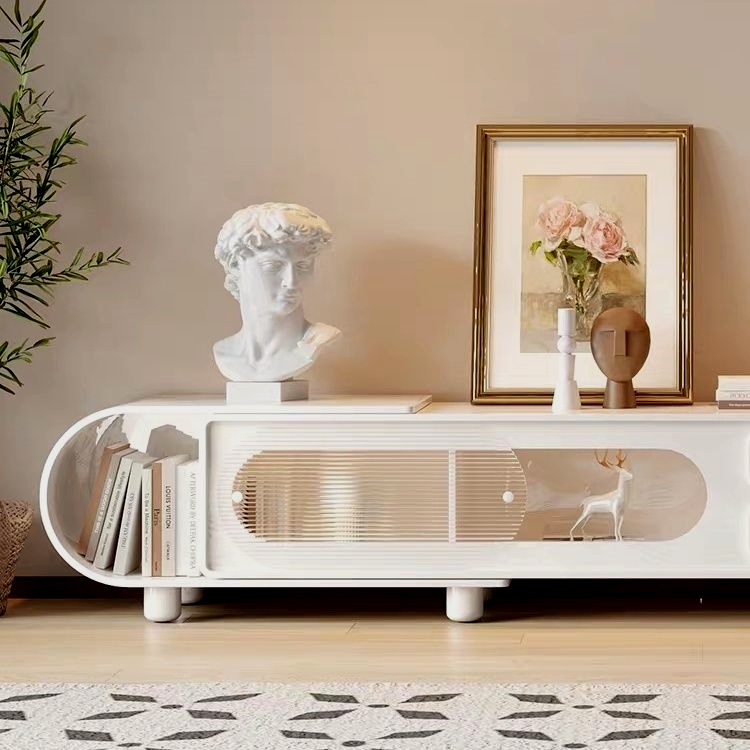 PRE-ORDER Telescopic TV cabinet side cabinet combination rotating coffee table cream style