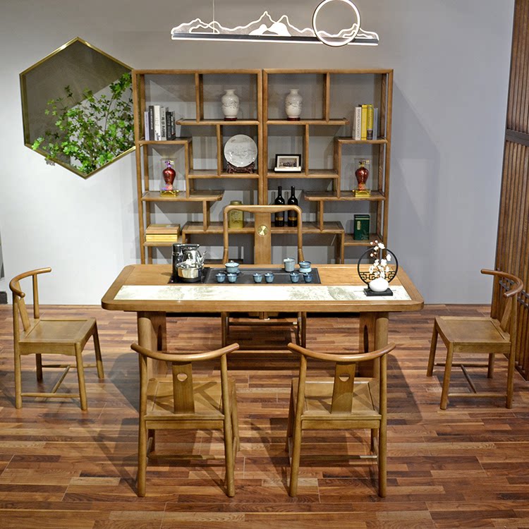 WG [Stock Sample] New Chinese Solid Wood Tea Table Set with Tea Set Simple Tea Bench for Office Small Home