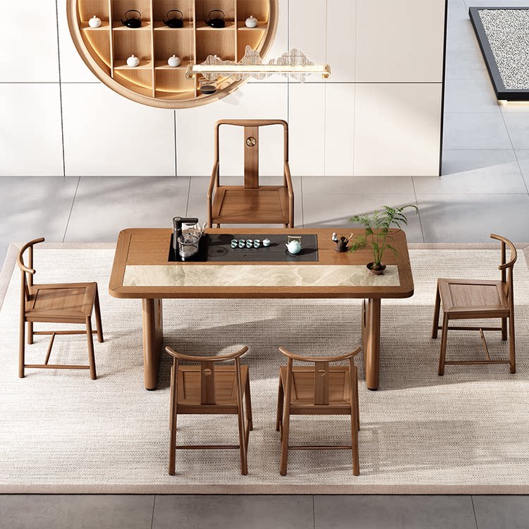 WG [Stock Sample] New Chinese Solid Wood Tea Table Set with Tea Set Simple Tea Bench for Office Small Home