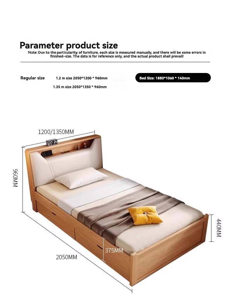[Pre-order] Minimalist Solid Wood Single Bed with Storage and Light, 1.2m Modern Nordic Bed