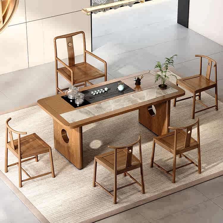 WG [Stock Sample] New Chinese Solid Wood Tea Table Set with Tea Set Simple Tea Bench for Office Small Home