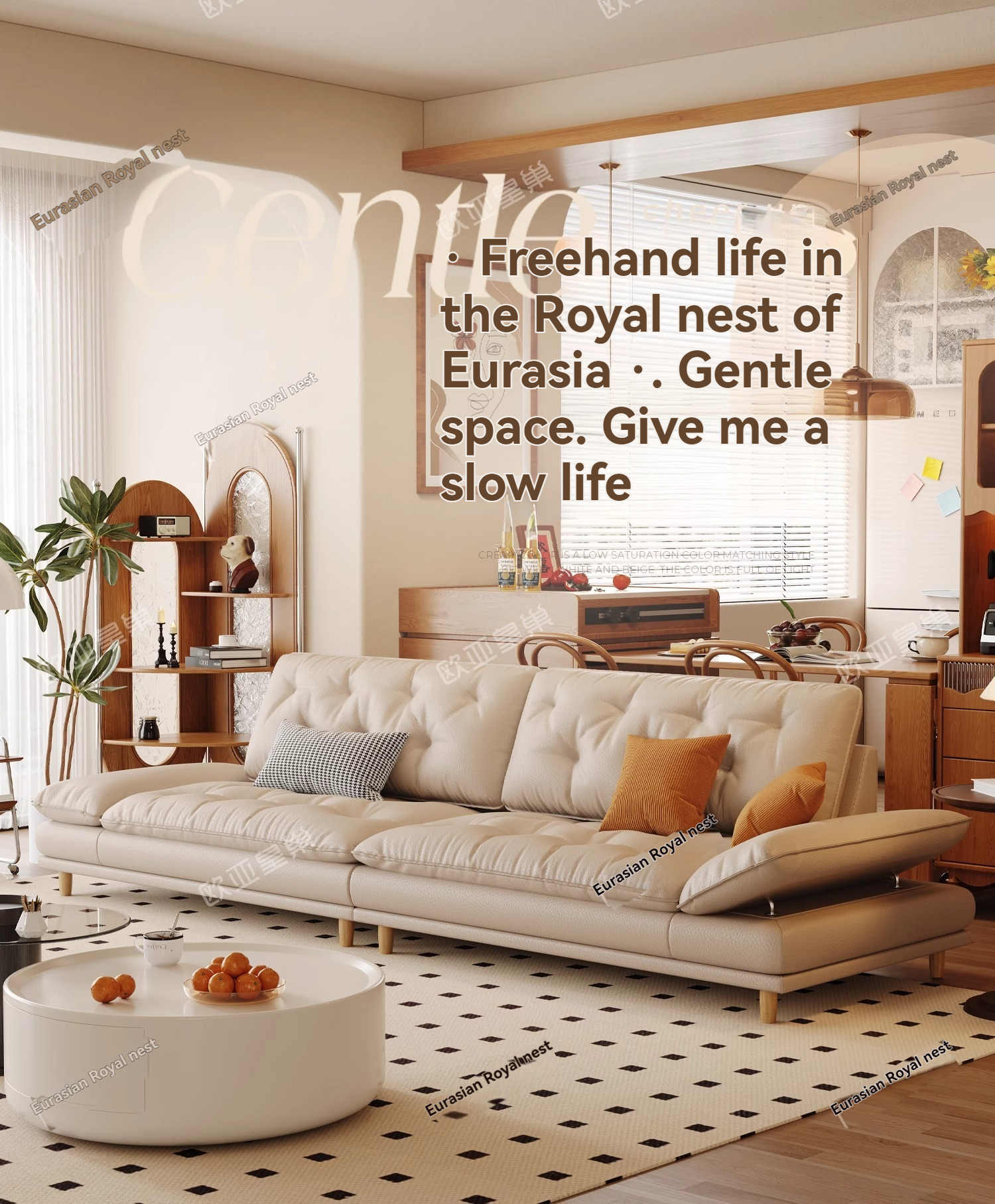 (PRE ORDER / BTO PACKAGE - OY - SOFA)EurAsia Royal Nest Cream Style Genuine Leather Sofa - Living Room Straight Row 3-Seater Compact Cloud Leather Sofa (2025 New Model