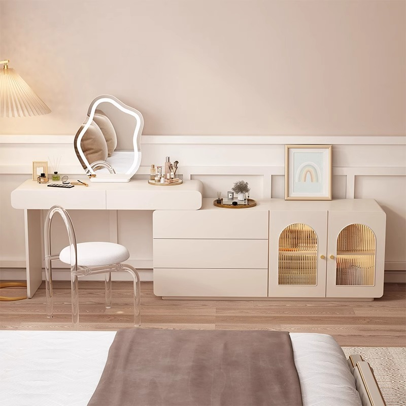[Pre-order] Solid wood paint chest of drawers dressing table bedroom telescopic storage cabinet Changhong glass cabinet with dressing table-Smart-Living