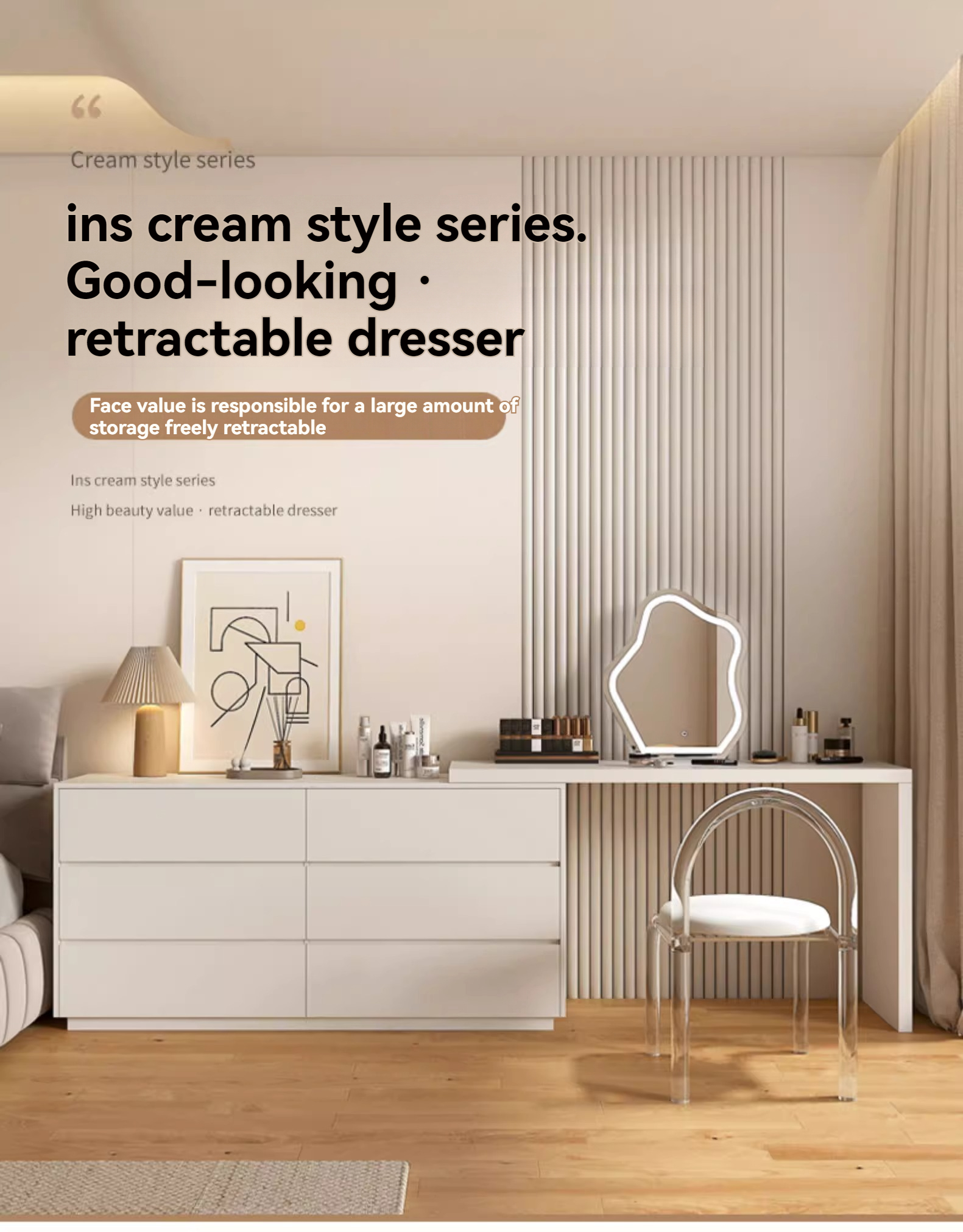 [Pre-order] (Paint-free) Solid wood chest of drawers dressing table storage cabinet combination all-in-one multifunctional bedroom telescopic corner dressing table-Smart-Living