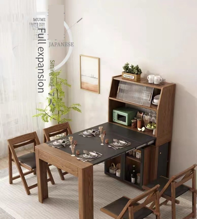 [Pre-order] Nordic small unit solid wood retractable foldable dining table, dining edge cabinet, table integrated combination, household storage, multifunctional table-Smart-Living