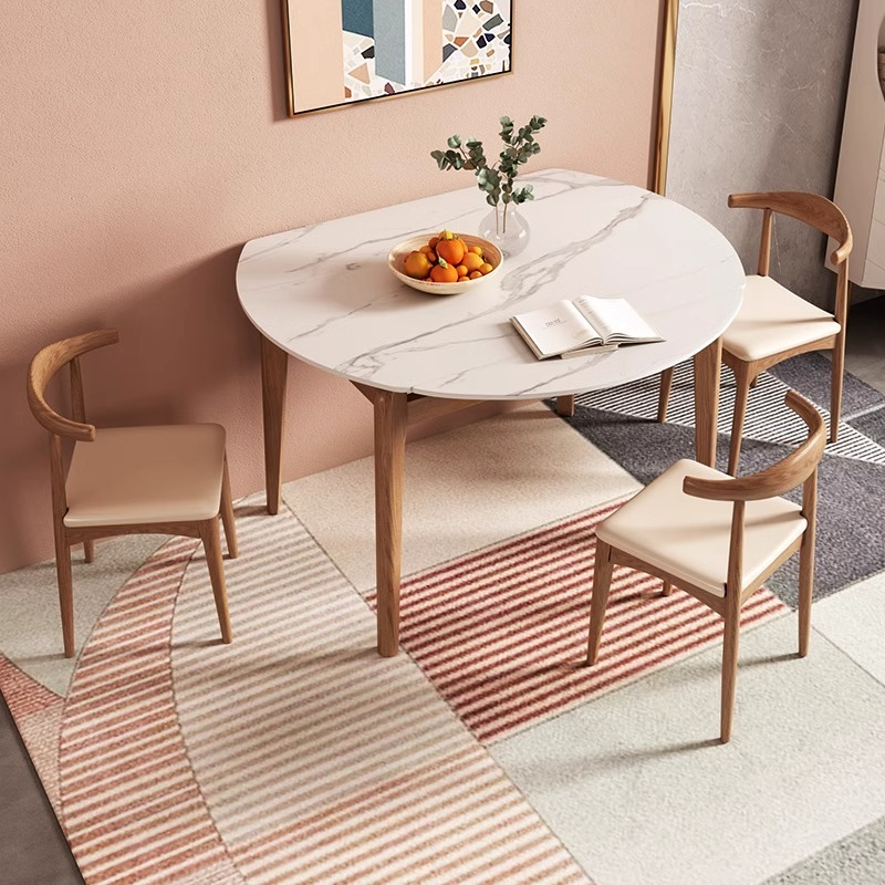 [Pre-order] Scandinavian folding rock plate dining table and chair combination modern simple household small household dining table retractable solid wood round table-Smart-Living