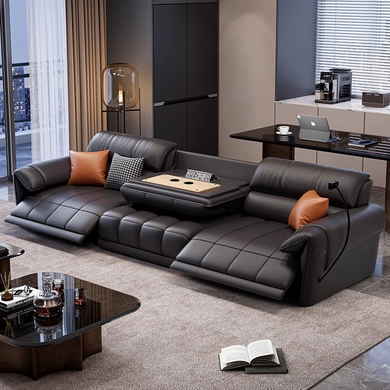 [Pre-order] 2024 New leather functional electric sofa Italian style straight row small unit top layer cowhide zero wall black sofa-Smart-Living