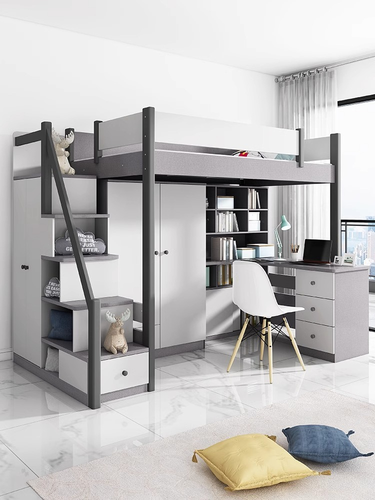 [Pre-order] Bed and table combination small unit solid wood bed column high and low bunk bed with desk and wardrobe integrated children's bed-Smart-Living