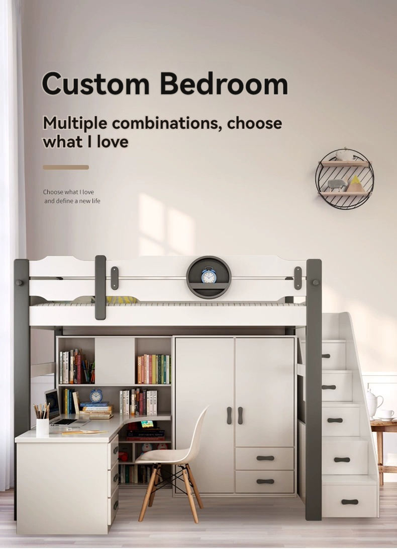 [Pre-order] Nordic multifunctional combined bed, high and low bed, simple upper bed and lower desk, desk bed, children's bed, wardrobe bed-Smart-Living