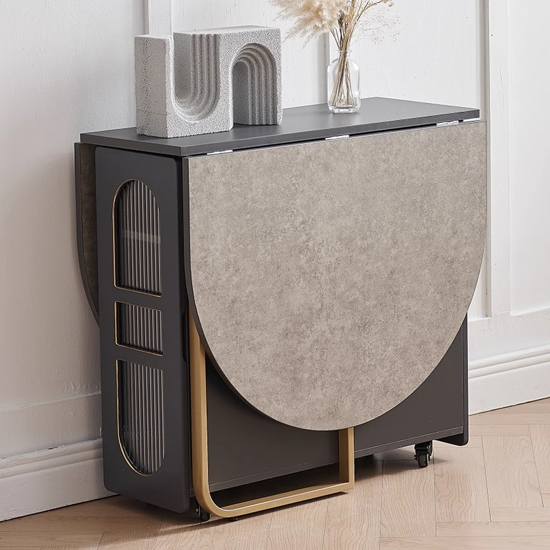 Solid wood folding dining table, integrated dining edge cabinet, small unit, light luxury style, multifunctional, movable dining rock board folding table-Smart-Living