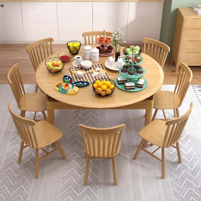[Pre-order] All solid wood dining table and chairs Scandinavian simple modern retractable folding dining table household 4 people small dining table variable round table-Smart-Living