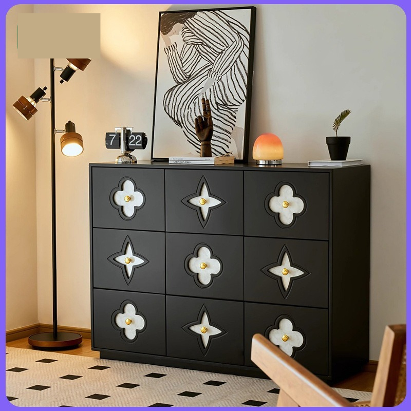 [Pre-order] Conch shell French black in vintage shell nine-drawer chest living room bedroom drawer bed end storage storage dining side cabinet-Smart-Living