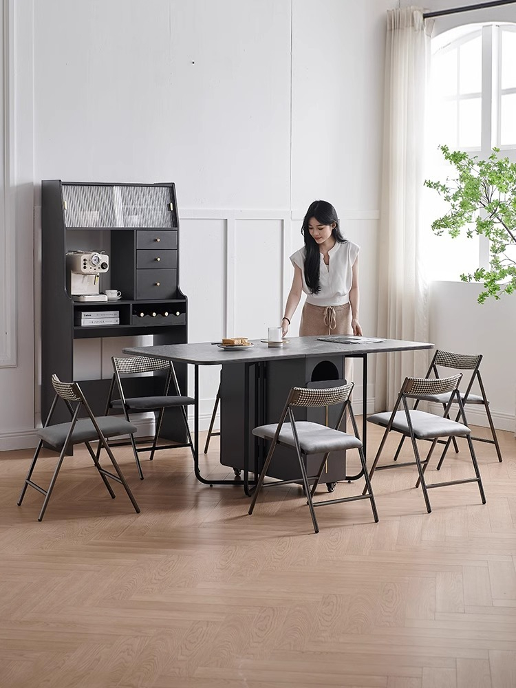 Rock board folding dining table and chair combination, multifunctional and extendable, simple household dining table, solid wood light luxury folding table-Smart-Living