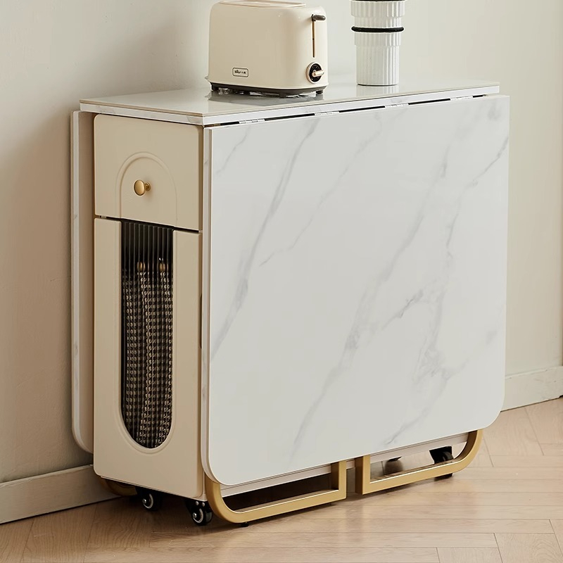 Solid wood rock panel folding dining table, glass wine cabinet, integrated small household, expandable rectangular dining folding table-Smart-Living